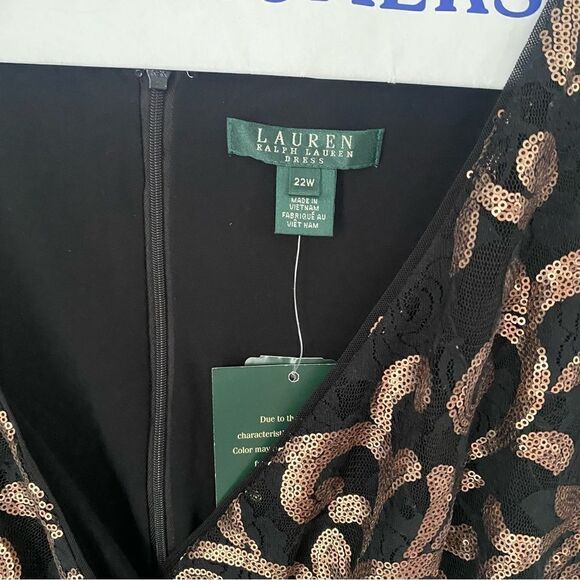 LAUREN RALPH LAUREN Sequined Metallic Surplice Midi V Neck Dress Black 22W - Picture 3 of 3